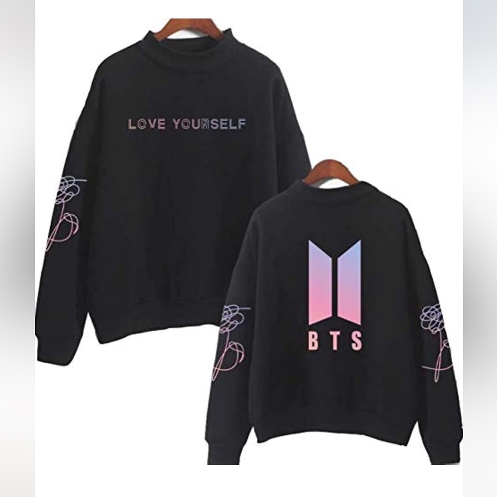BTS Black Round High Neck Pullover Casual Printed Love Yourself Sweatshirt